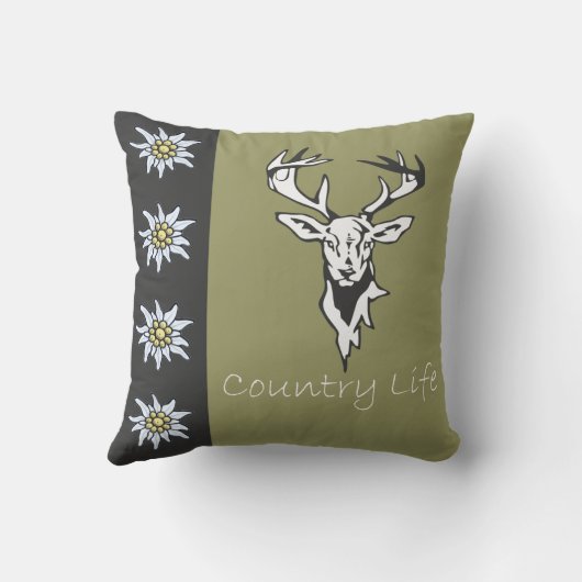 シカのヘッド高山のEdelweissのカーキ色の枕 クッション (裏面)