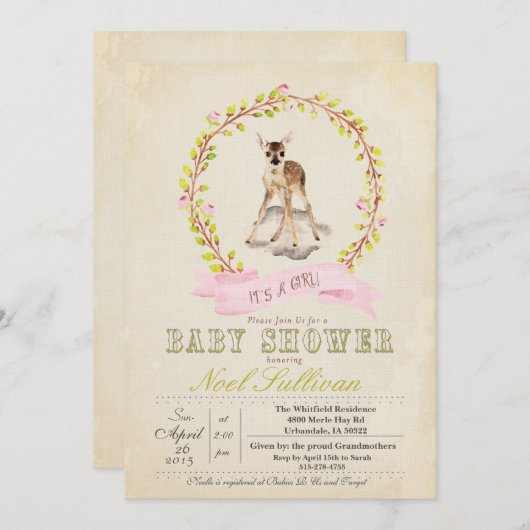 シカのベビーシャワーの女の子の招待状 招待状 (正面/裏面)