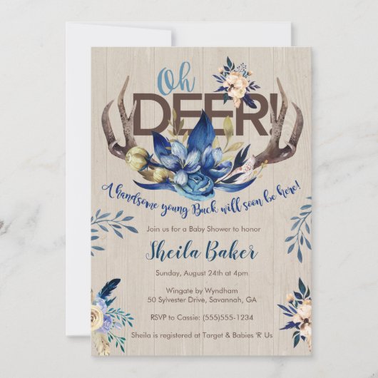シカのベビーシャワーの招待状- (雄ジカの)枝角の招待の男の子 招待状 (正面)