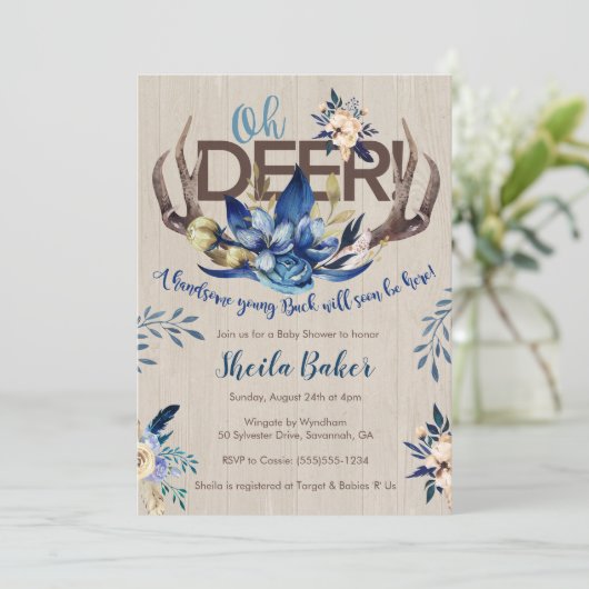 シカのベビーシャワーの招待状- (雄ジカの)枝角の招待の男の子 招待状 (スタンド正面)