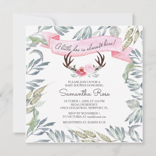 シカの枝角の女の子のベビーシャワーの招待-正方形 招待状 (正面)
