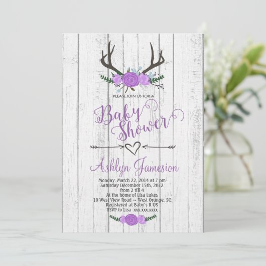 シカの枝角の白い木製のベビーシャワーの招待状 招待状 (スタンド正面)