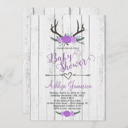 シカの枝角の白い木製のベビーシャワーの招待状 招待状 (正面/裏面)