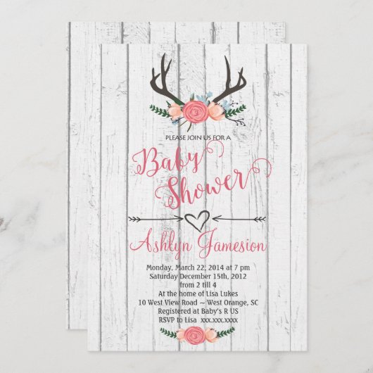 シカの枝角の白い木製のベビーシャワーの招待状 招待状 (正面/裏面)