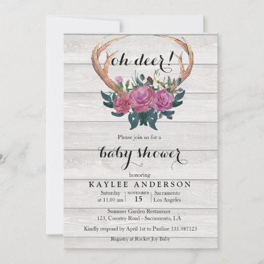 シカの枝角の白い木製のベビーシャワーの招待 招待状 (正面)