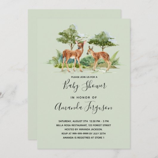 シカの森の動物の赤ちゃんシャワー 招待状 (正面/裏面)