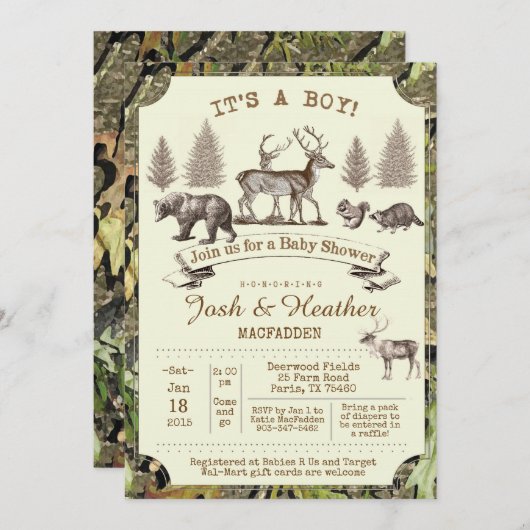 シカの狩りのベビーシャワーの招待状 招待状 (正面/裏面)