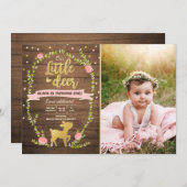 シカの誕生日の招待の女の子のピンクの金ゴールドの森林パーティー 招待状 (正面/裏面)