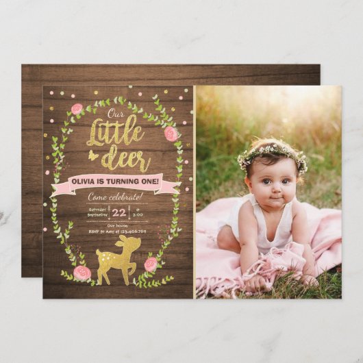 シカの誕生日の招待の女の子のピンクの金ゴールドの森林パーティー 招待状 (正面/裏面)