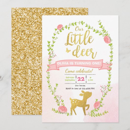 シカの誕生日の招待の女の子のピンクの金ゴールドの森林パーティー 招待状 (正面/裏面)