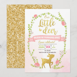 シカの誕生日の招待の女の子のピンクの金ゴールドの森林パーティー 招待状