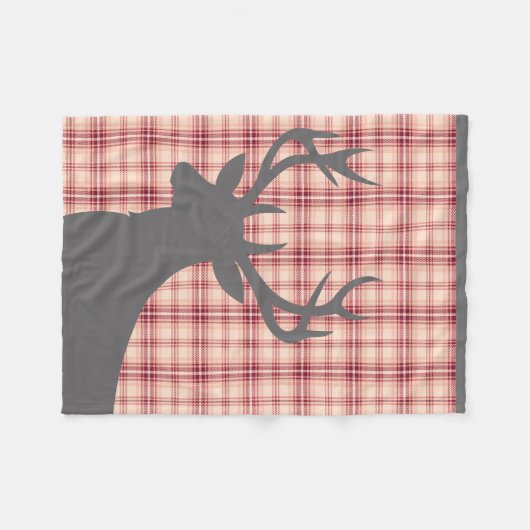 シカの雄鹿のシルエットの格子縞|のピンクのチャコールグレー フリースブランケット (正面(横))
