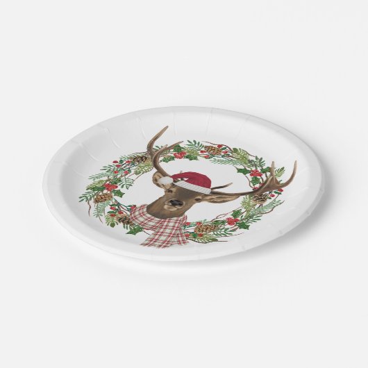 シカの頭部が付いている水彩画の休日のリース ペーパープレート (アングル)