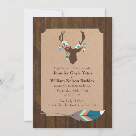 シカの頭部の結婚式招待状が付いている素朴な木 招待状 (正面)