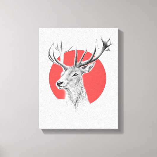 シカの頭部 シカのイラスト 赤い円 動物アート キャンバスプリント (正面)