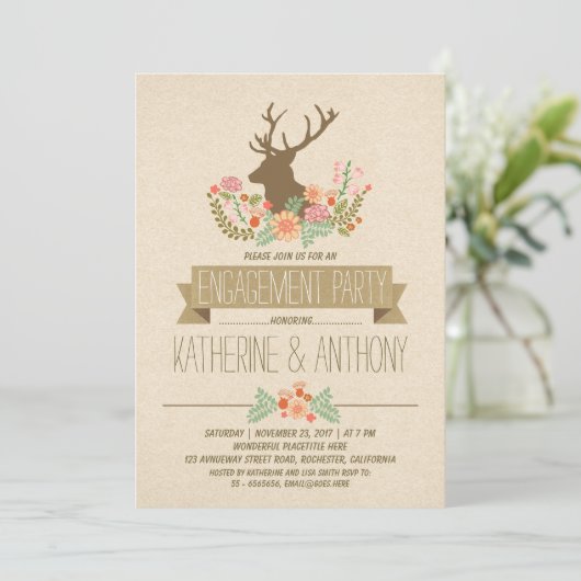 シカの(雄ジカの)枝角のロマンチックで素朴な婚約パーティ 招待状 (スタンド正面)