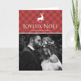 シカのJoyeux Noëlの写真が付いているクラシックで赤い格子縞 シーズンカード