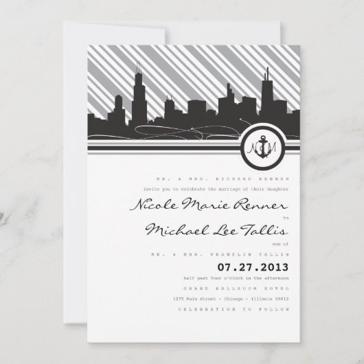 シカゴのいかりのモノグラムの結婚式招待状 招待状 (正面)
