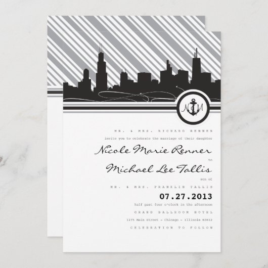 シカゴのいかりのモノグラムの結婚式招待状 招待状 (正面/裏面)