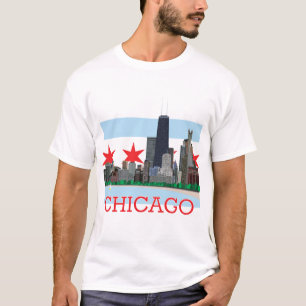 シカゴのスカイラインおよび都市旗 Tシャツ