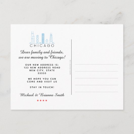 シカゴのスカイラインの新しい住所の移動 案内ポストカード (裏面)