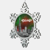 シカゴのスカイラインエッチング、グリーンレッドスターリースカイクリスマス スノーフレークピューターオーナメント (右)