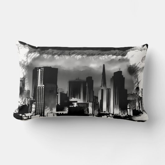 シカゴのスカイラインスケッチ(白黒) ランバークッション (正面)