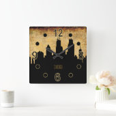 シカゴのスカイライン|のヴィンテージのグランジなスタイル スクエア壁時計 (ホーム)