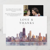 シカゴのスカイライン 水彩 結婚式 フォト サンキューカード (正面/裏面)