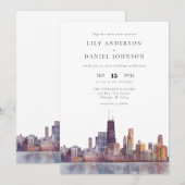 シカゴのスカイライン 水彩 結婚式 招待状 エレガント (正面/裏面)