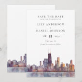 シカゴのスカイライン 水彩 結婚式 目的地 セーブザデート (正面/裏面)