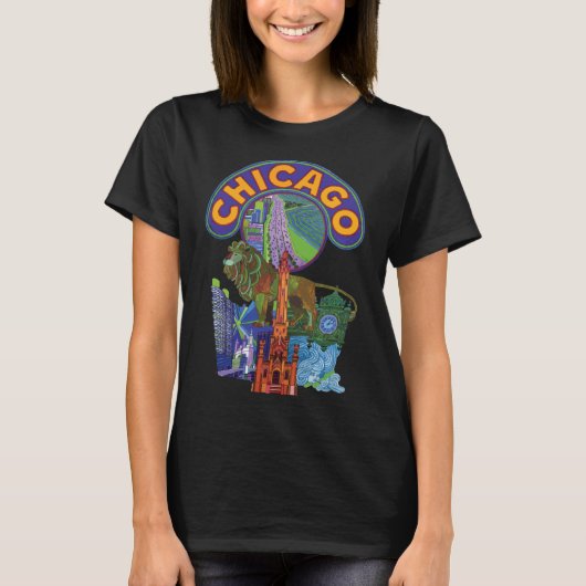 シカゴのスカイライン 都市景観 青 旅行 Tシャツ (正面)