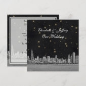 シカゴのスカイライン 黒金 スター SQ ウェディング 招待状 (正面/裏面)