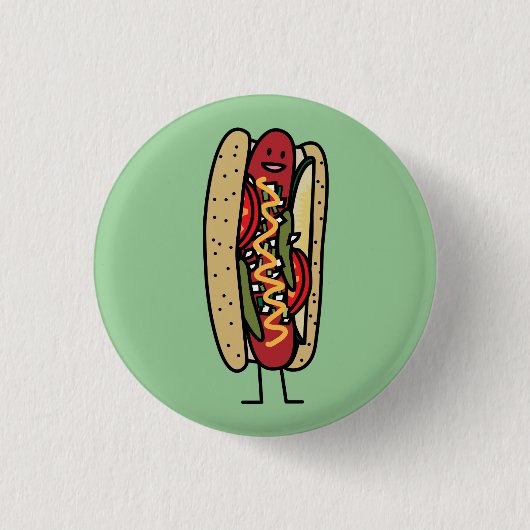 シカゴのスタイルのホットドッグの熱く赤いケシのパンのマスタード 缶バッジ (正面)