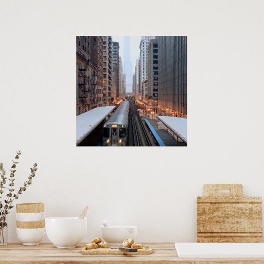 シカゴのダウンタウンにあるウェイバシュ上空の高架鉄道 ポスター (キッチン)