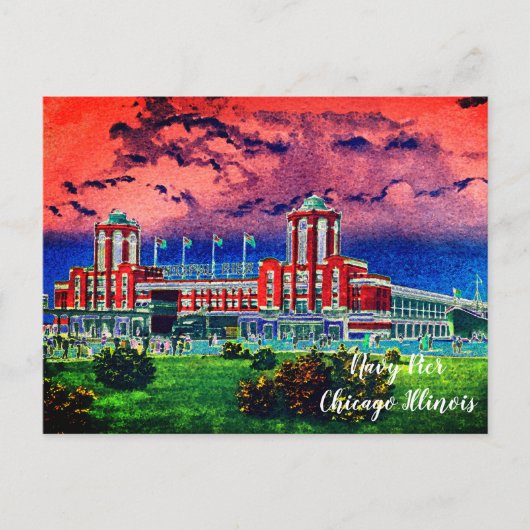 シカゴのネイビーピア 1920年代の水彩画 風の街 ポストカード (正面)