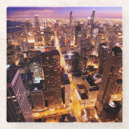 シカゴの夜の都市景観 ガラスコースター (正面)