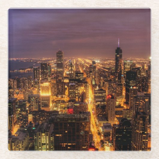 シカゴの夜都市景観 ガラスコースター (正面)