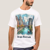 シカゴの川沿いの散歩 水彩画 旅行Tシャツ Tシャツ (正面)