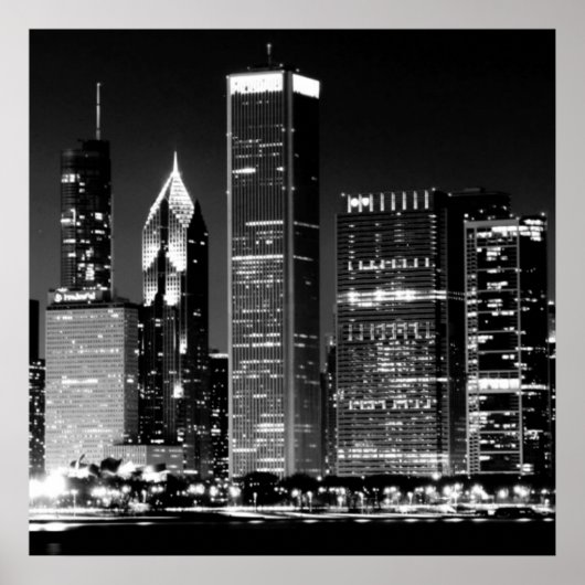 シカゴの有名な街並みの夜景 ポスター (正面)