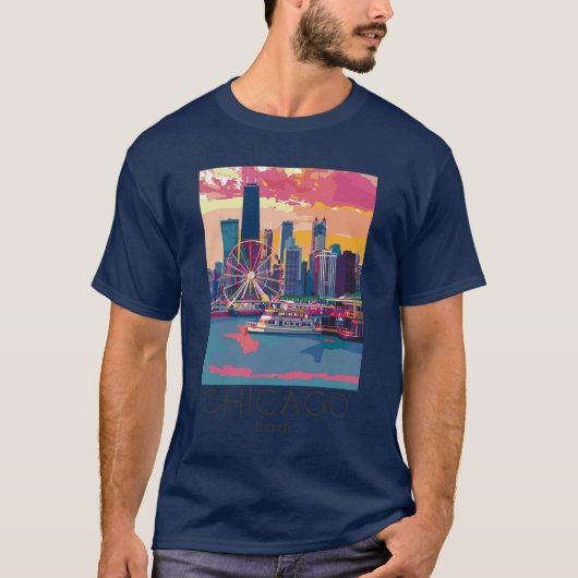 シカゴイリノイのヴィンテージ旅行イラストレーション Tシャツ (正面)