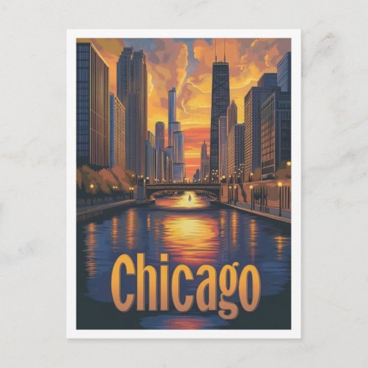 シカゴイリノイズアートヴィンテージトラベルイラストレーション ポストカード (正面)