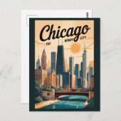 シカゴイリノイズスカイライントラベルアートヴィンテージ ポストカード (正面/裏面)