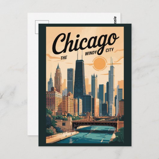 シカゴイリノイズスカイライントラベルアートヴィンテージ ポストカード (正面/裏面)