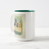 シカゴイリノイレトロヴィンテージ旅行ポスター ツートーンマグカップ (正面左)