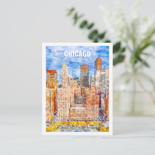 シカゴイリノイ有名な旅行水の色のスケッチ ポストカード (スタンド正面)