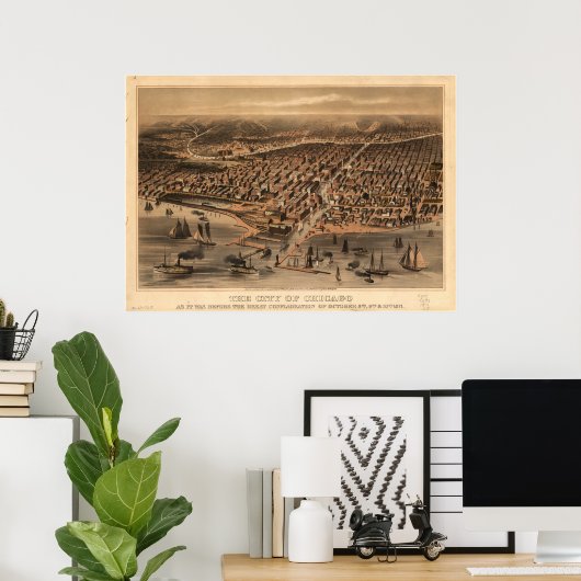 シカゴイリノイ1871アンティークパノラママップ ポスター (ホームオフィス)