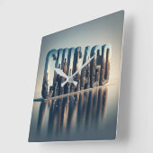 シカゴシティウォーター反射 スクエア壁時計 (傾斜)