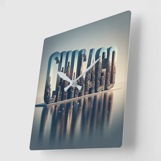 シカゴシティウォーター反射 スクエア壁時計 (傾斜)