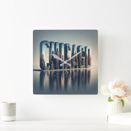 シカゴシティウォーター反射 スクエア壁時計 (ホーム)